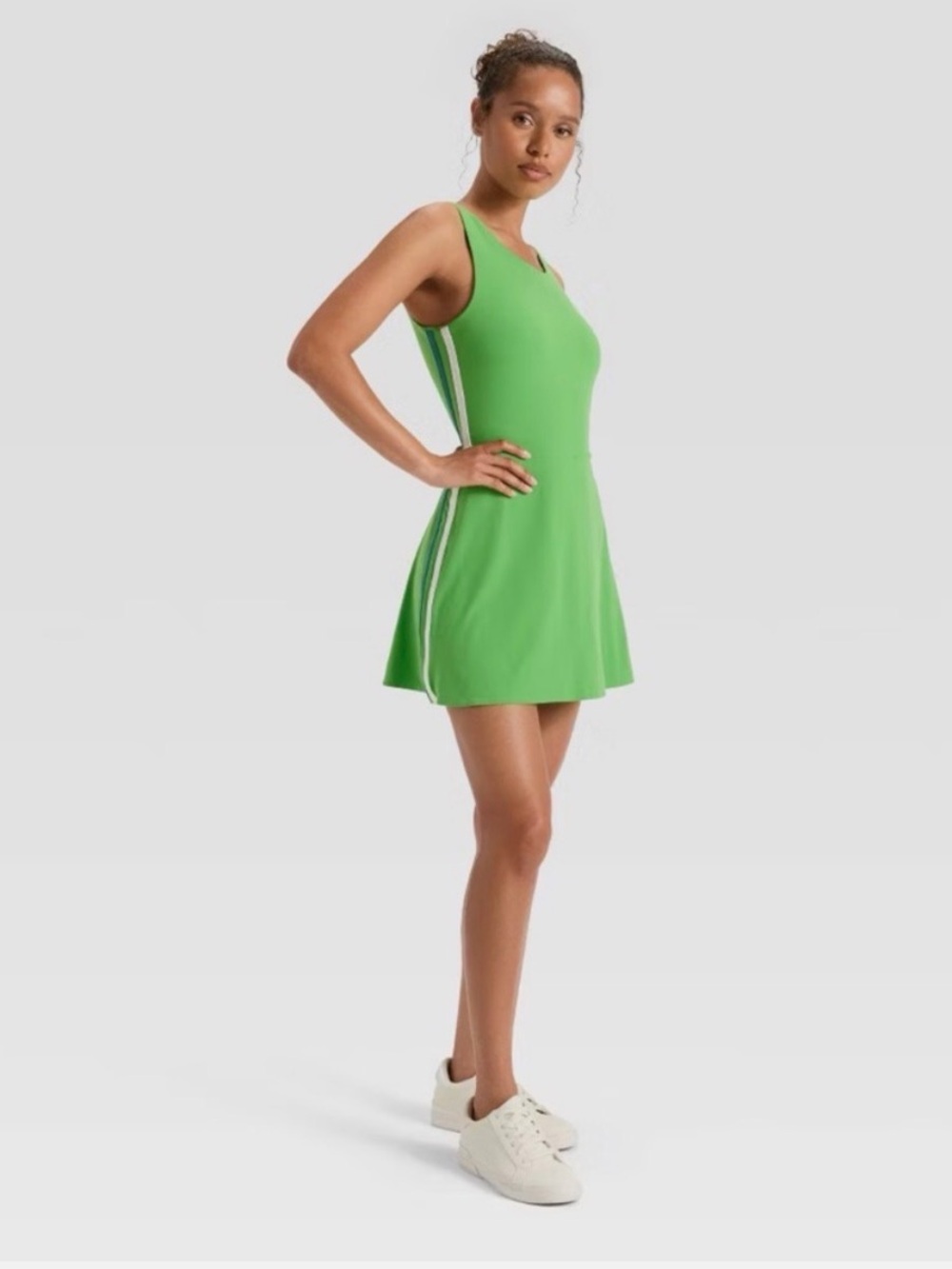 JoyLab Green Mini Dress with White and Blue Side Stripes - Picture 2 of 5